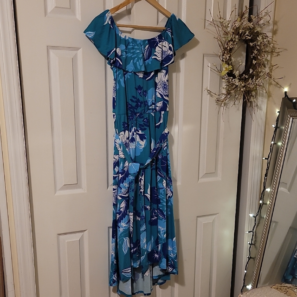 Christian Siriano Teal Floral High Low Dress